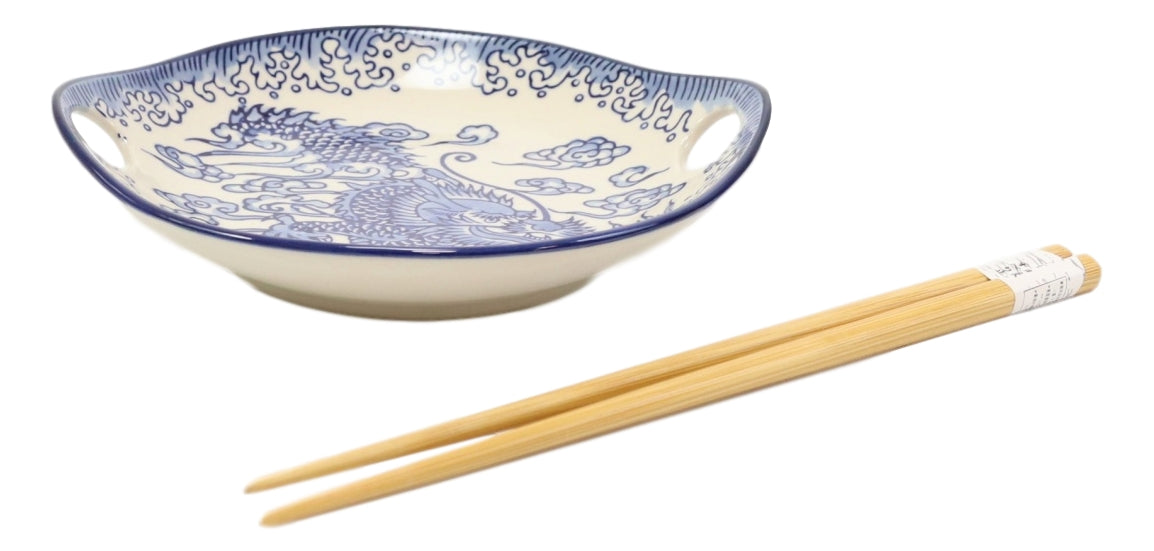 Blue Feng Shui Dragon Small Appetizer Coupe Plate Flat Bowl With Chopsticks Set - Ebros Gift