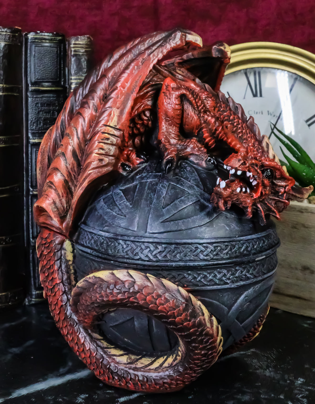Celtic Red Dragon Egg Box 6.5"Tall Mythical Guardian Dragon Figurine Jewelry Box - Ebros Gift