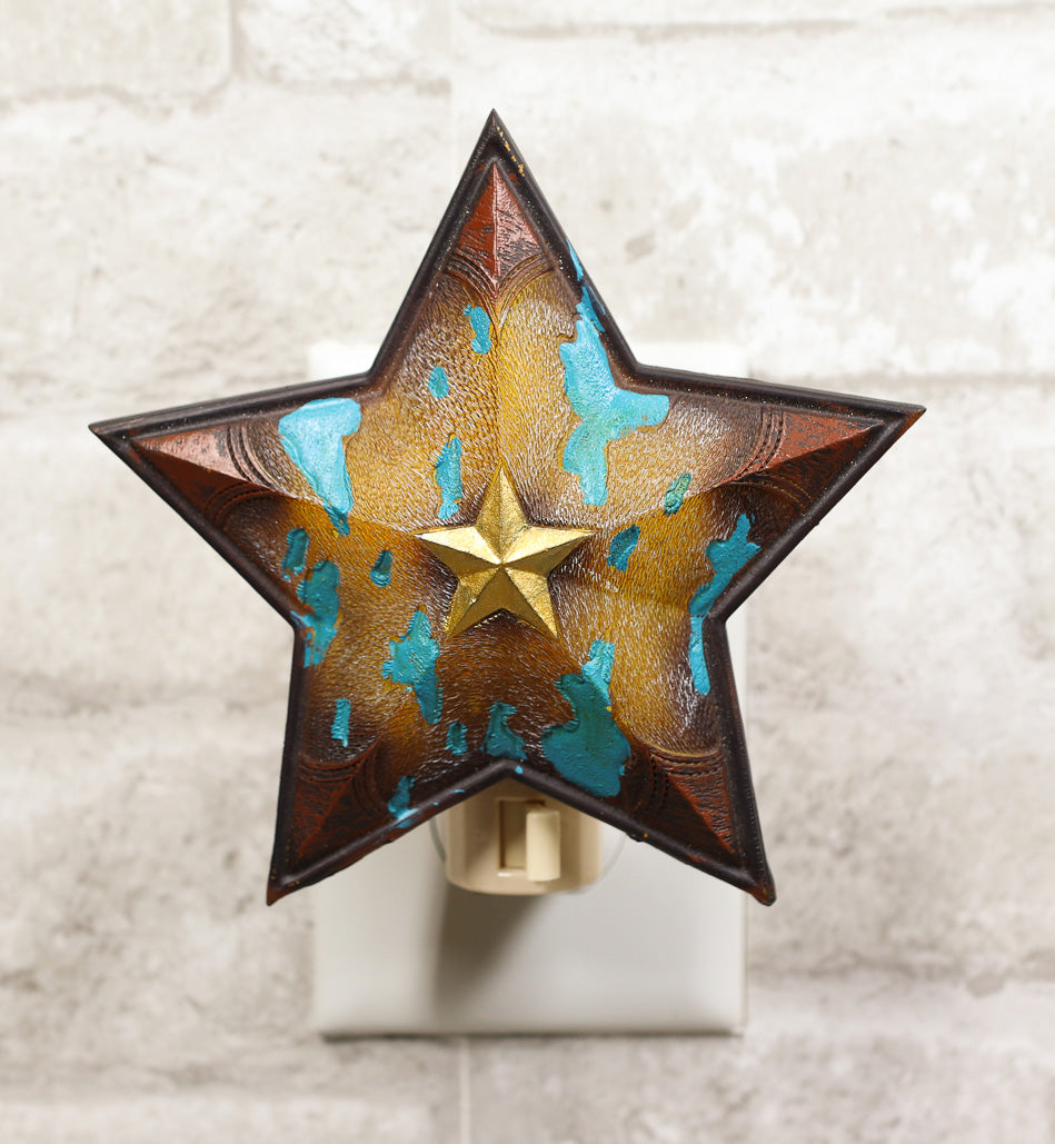Rustic Cowboy Western Star Turquoise Cowskin Print Wall Plug In LED Night Light