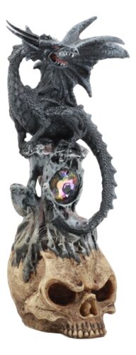Azureon Black Dragon Perching On Quartz Tower Alien Skull Statue Home Decor - Ebros Gift