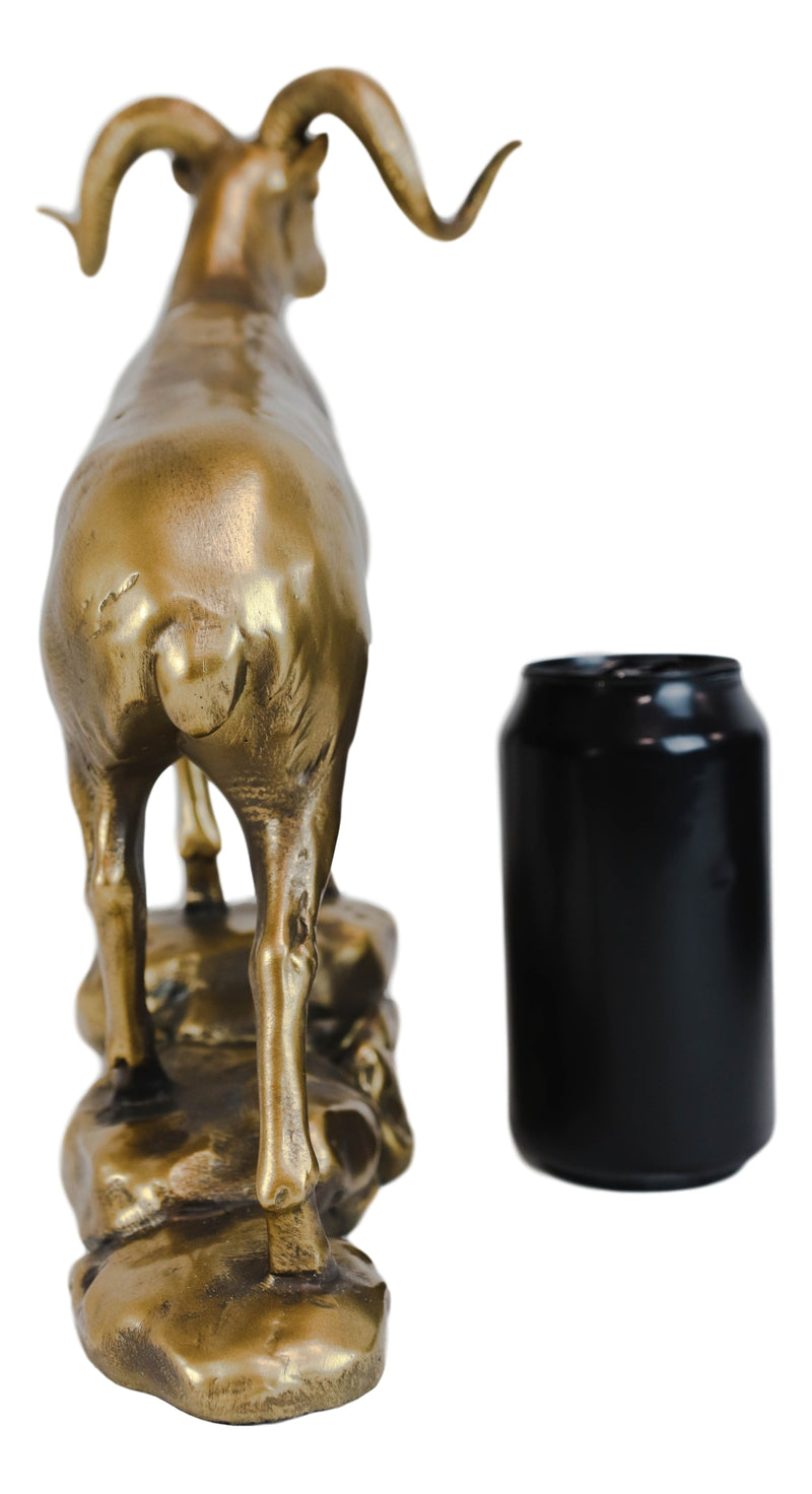 Large Country Wildlife Bighorn Sheep Ram Climbing On Rock Statue In Gold Patina