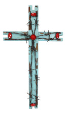 22"H Rustic Western Distressed Wood Turquoise Barbed Wires Red Gems Wall Cross