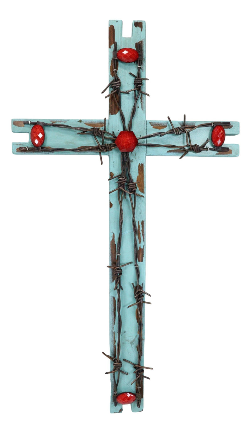 22"H Rustic Western Distressed Wood Turquoise Barbed Wires Red Gems Wall Cross