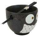 Whimsical Ceramic Black Owl Ramen Udong Noodles Soup Bowl With Chopsticks Set
