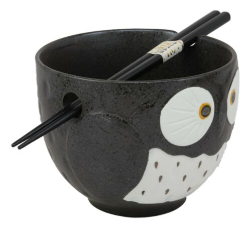 Whimsical Ceramic Black Owl Ramen Udong Noodles Soup Bowl With Chopsticks Set