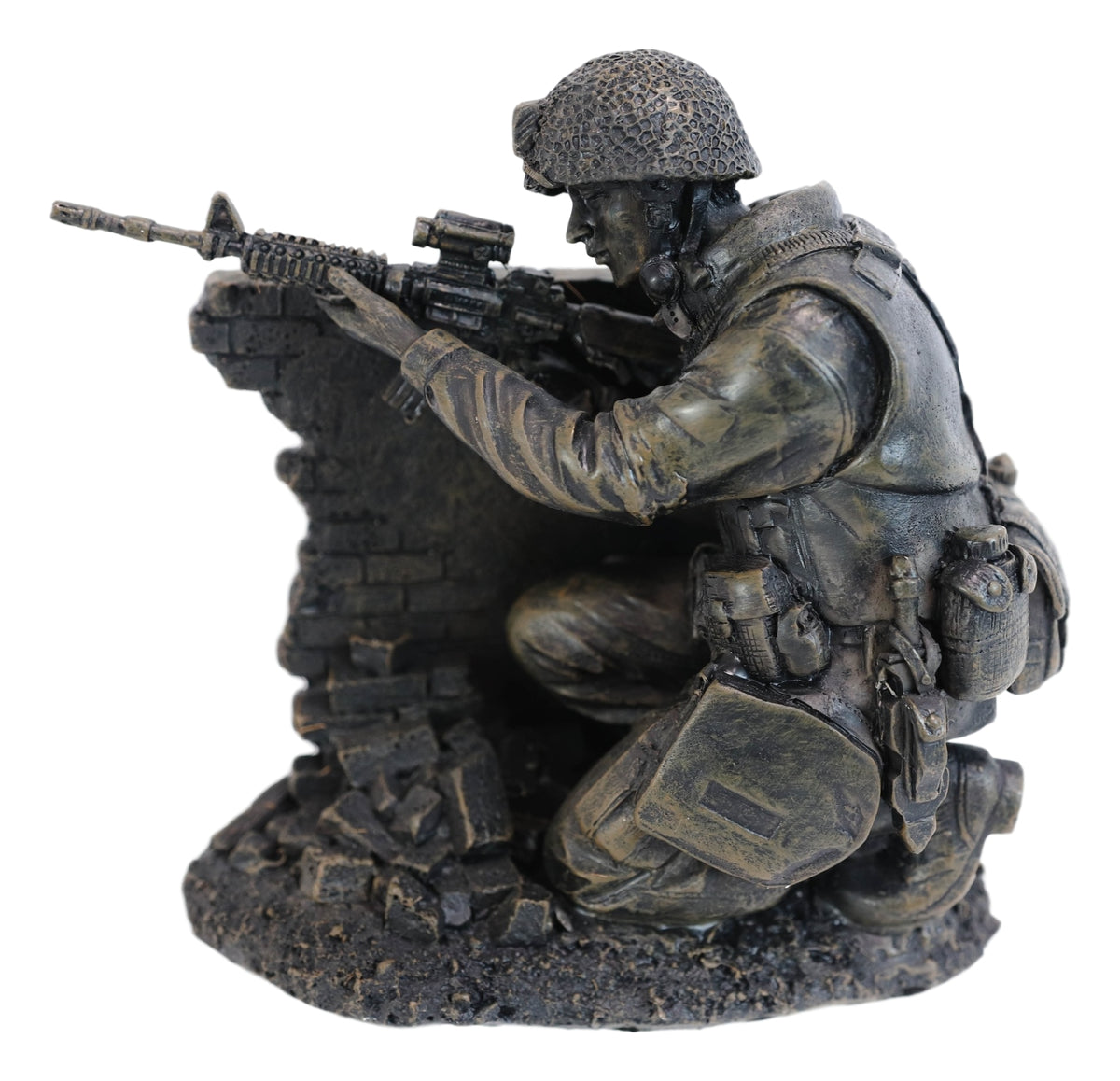 War Battlefield Kneeling Soldier Taking Cover With Rifle Gun And Gears Statue