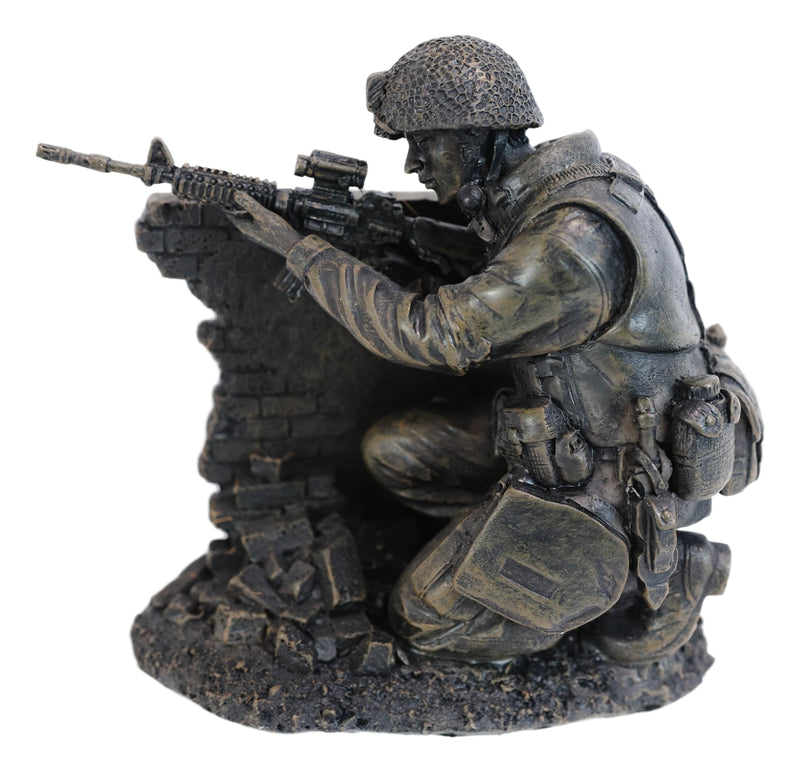 War Battlefield Kneeling Soldier Taking Cover With Rifle Gun And Gears Statue