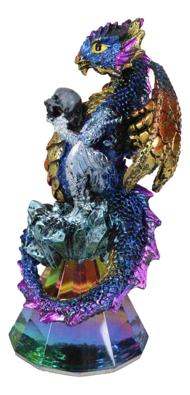 Iridescent Armored Rainbow Wyrmling Dragon Skull On Faux Crystal Prism Figurine