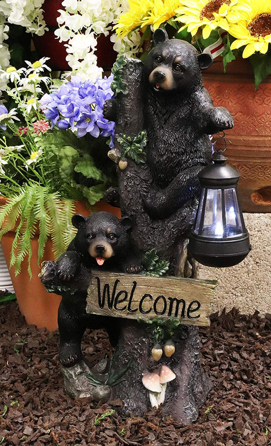 Ebros Climbing Black Bear Cubs Garden Light Welcome Statue Figurine Solar LED Lantern - Ebros Gift