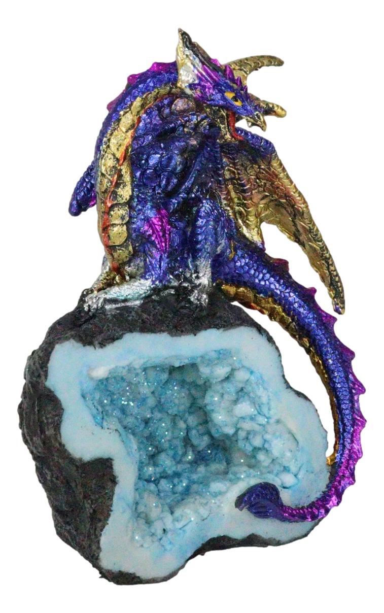 Azure Blue Iridescent Dragon On Faux Geode Rock Quartz Crystal Cove Figurine 5"H - Ebros Gift
