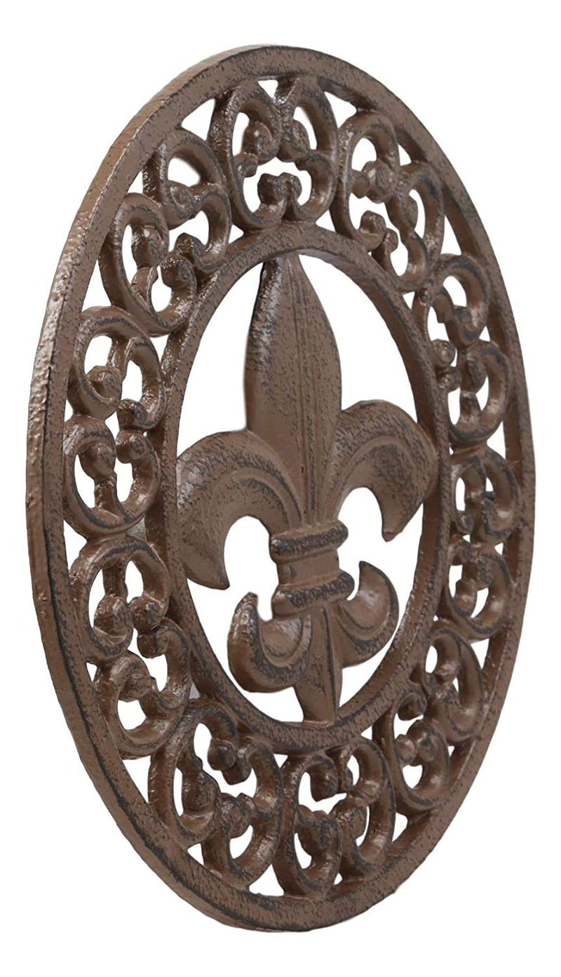 Ebros Rustic Vintage Design Round Fleur De Lis Medallion Cast Iron Trivet 10"Diameter