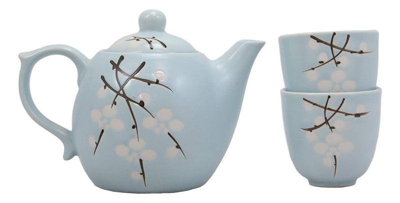 Japanese Sakura Pastel Sky Blue Cherry Blossom Porcelain 20oz Tea Pot and 2 Cups