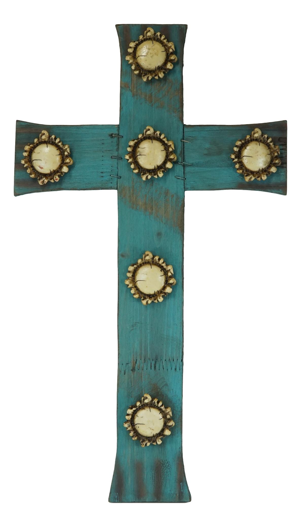 Rustic Western Distressed Wood Turquoise Blue Faux Antler Bone Crowns Wall Cross
