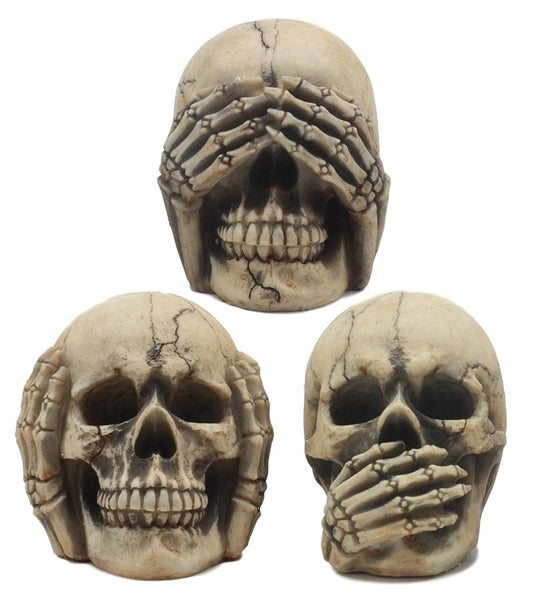 Ebros Gothic Alchemy See Hear Speak No Evil Grinning Skulls Statue Set Of Three 4"High Halloween Decor Ossuary Graveyard Figurines - Ebros Gift