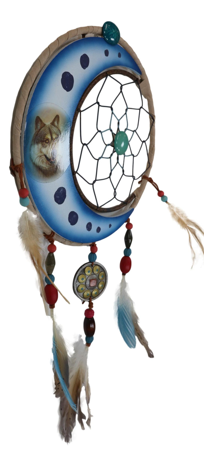 Set Of 2 Southwestern Indian Boho Chic Moon Gray Wolf Feather Wall Dreamcatchers