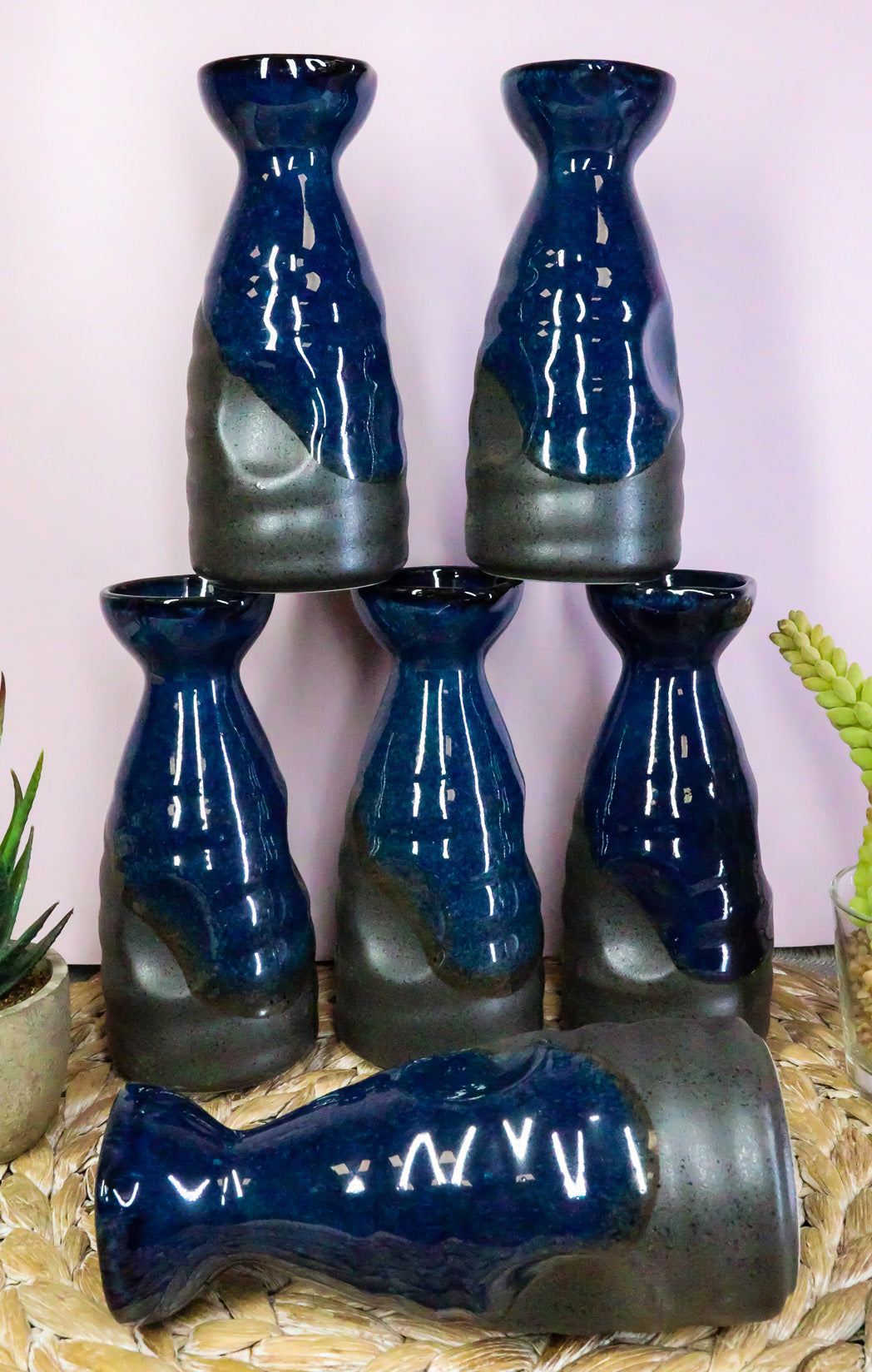 Glazed Ceramic Blue And Black Japanese Wine Sake Tokkuri Flask Pack of 6 Flasks