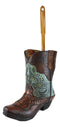 Western Turquoise Floral Tooled Leather Cowboy Boot Toilet Brush And Holder Set