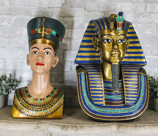 Large Egyptian Pharaoh King Tut And Queen Nefertiti Bust Statue Set Of 2 Decor