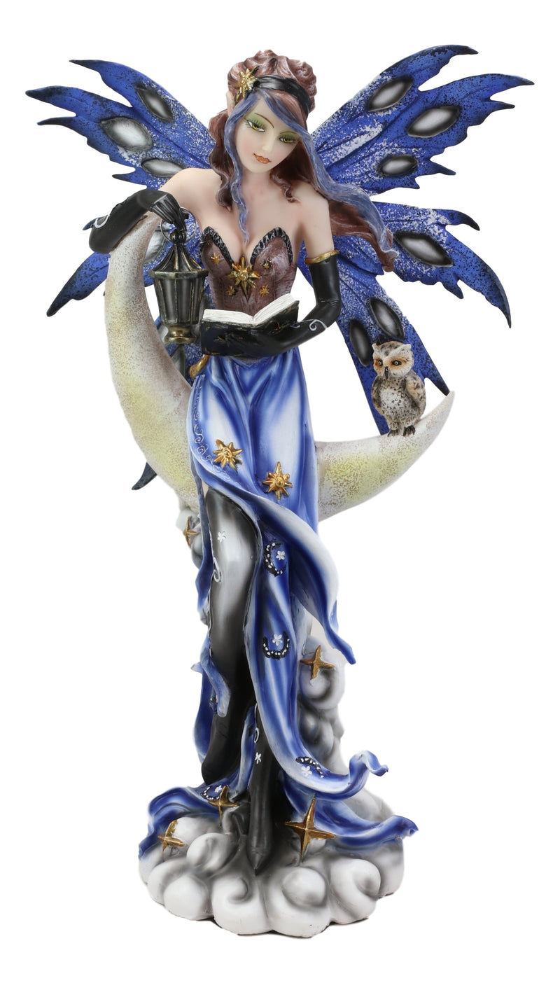 Fairy With Book Lantern And Owl On Crescent Moon Clouds and Stars Statue 14" H