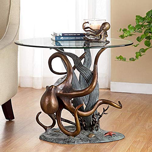 Ebros Gift Aluminum Metal Nautical Ocean Deep Sea Octopus Wrapping Around Seagrass with Starfish Round Side Coffee Table with Glass Top Furniture Collectible Fantasy Kraken Monster Tables