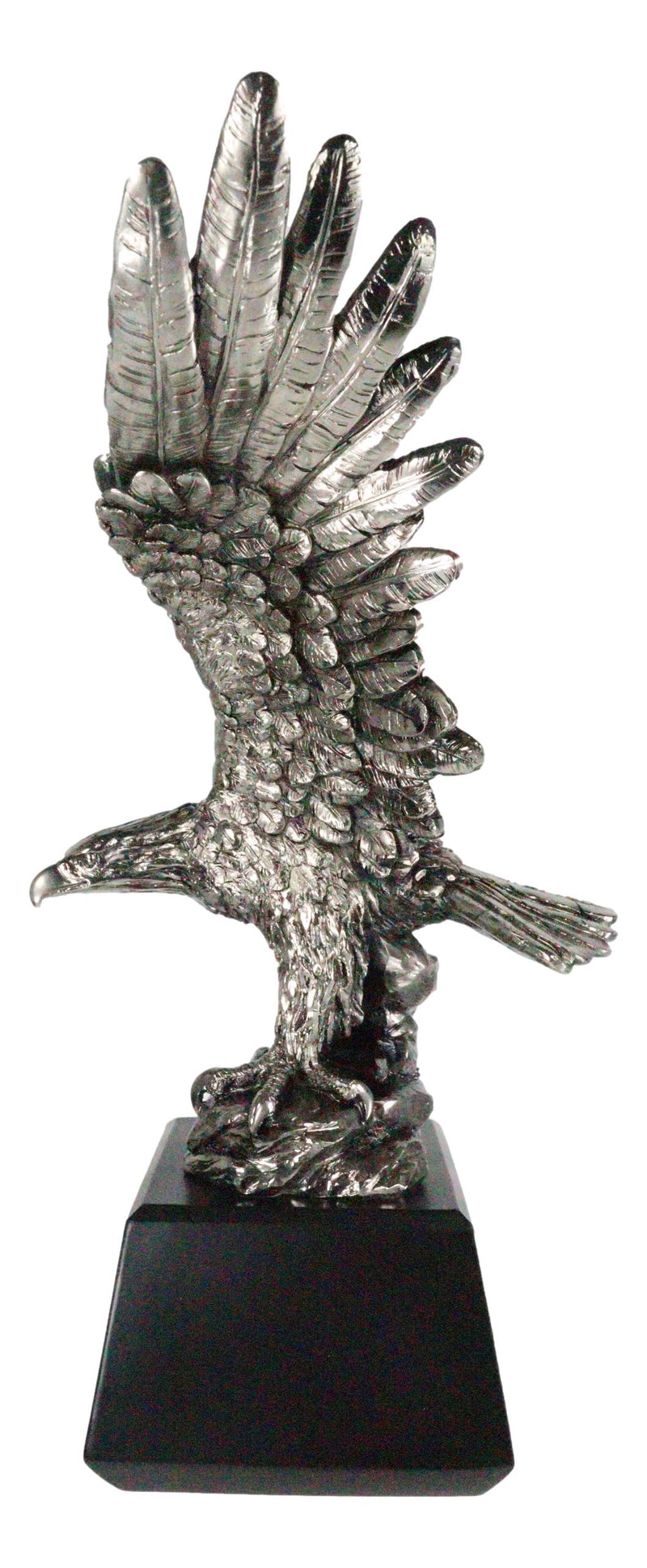 Electroplated Pewter Silver Bald Eagle With Open Wings Landing On Rock Statue