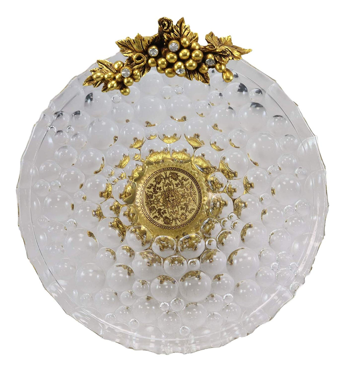 Ebros Gift Vintage Antique Baroque Design Large Crystal Glass Round Dish 16"Wide Dessert Platter Stand With Electroplated Gold Fruits And Grapes Themed Base Sculpture And Austrian Crystals Centerpiece - Ebros Gift