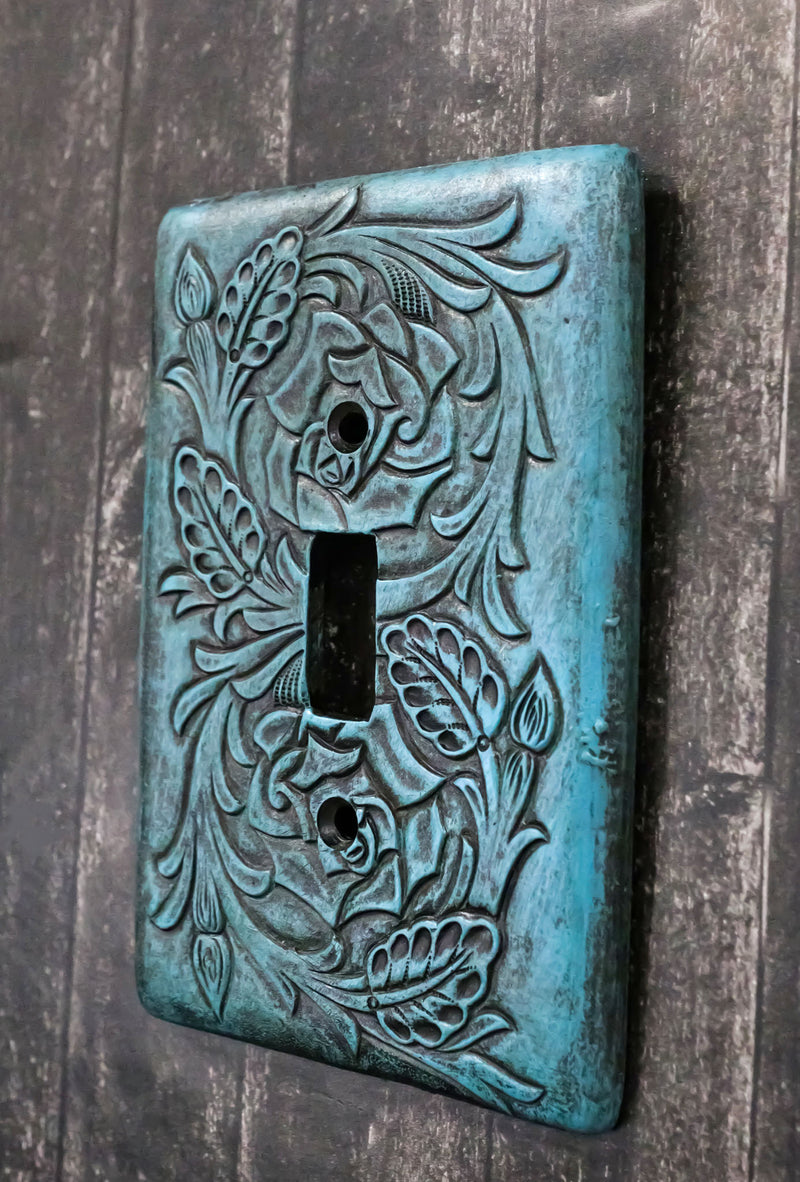 Set of 2 Western Tooled Floral Turquoise Wall Single Toggle Switch Plates