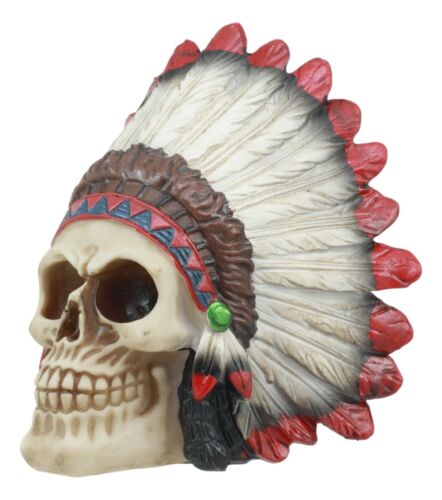 Indian Chieftain Skull Statue 5.75"L Mohawk Warrior Skull With Roach Headdress