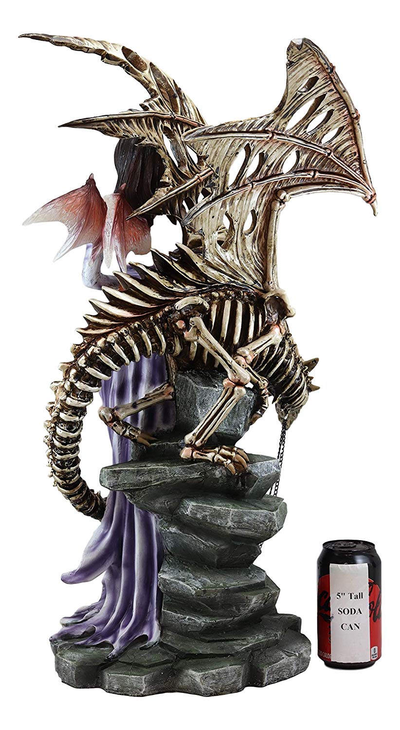 Large 25"H Goth Vampire Fairy In Night Gown With Chained Skeleton Dragon Statue - Ebros Gift