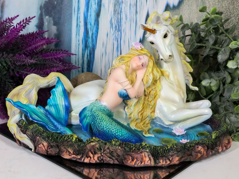 Blonde Mermaid Siren Princess Ariel With Rare White Unicorn In Lily Pond Statue