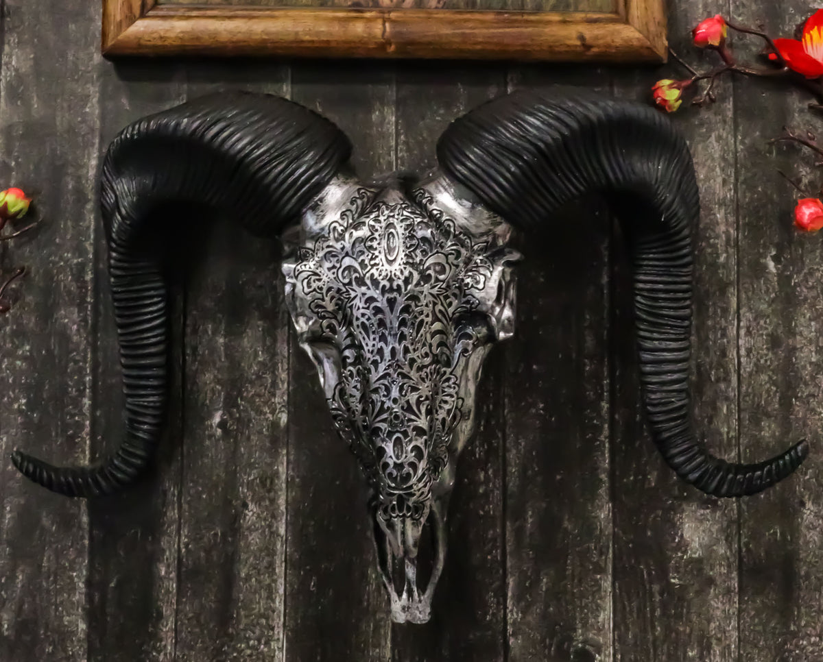 Silver Tribal Floral Vines Tooled Filigree Corsican Ram Cow Skull Wall Decor