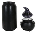 White Snowy Owl With Witch Hat In Black Triple Moon Pentagram Cauldron Figurine