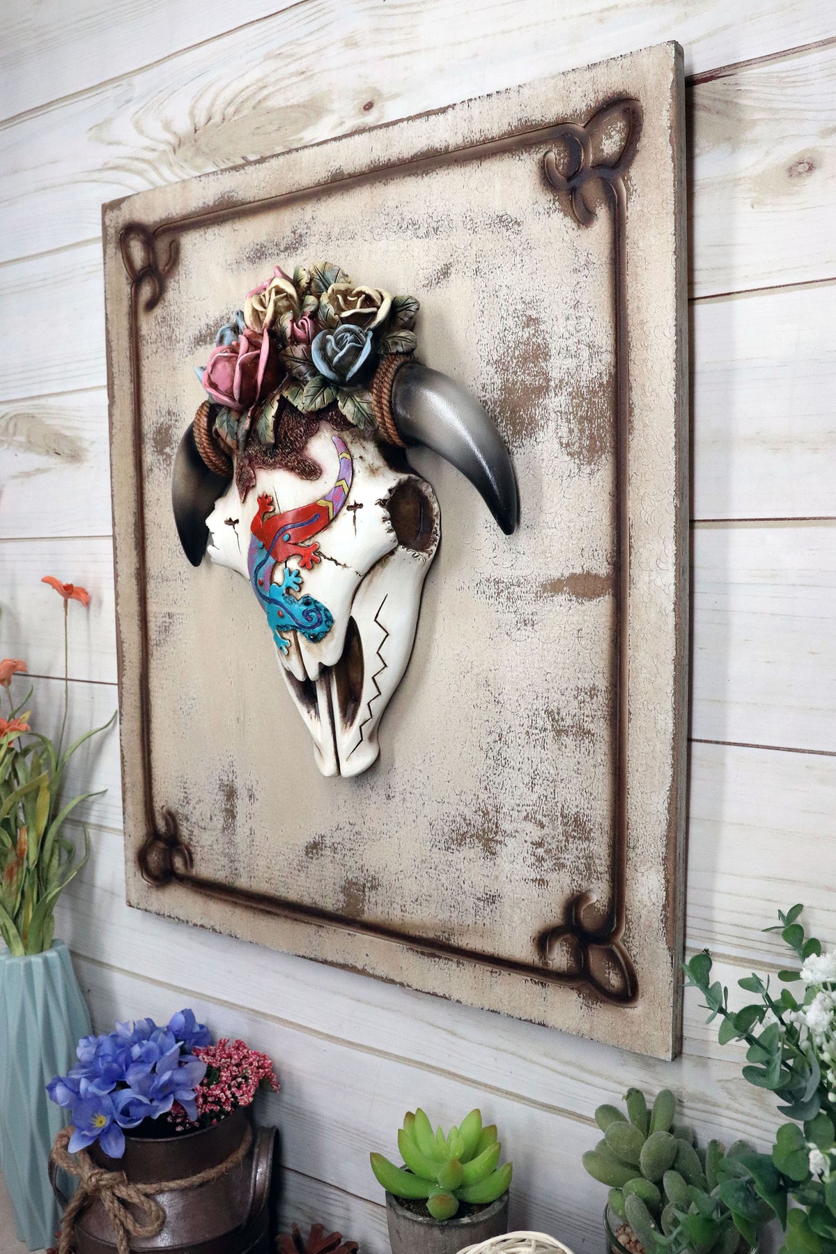 Rustic Western Lizard Gecko Cow Skull With Colorful Roses Wall Decor Plaque
