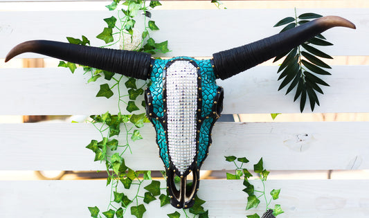 38"L Southwestern Mosaic Turquoise Bling Bison Steer Cow Skull Wall Decor Plaque