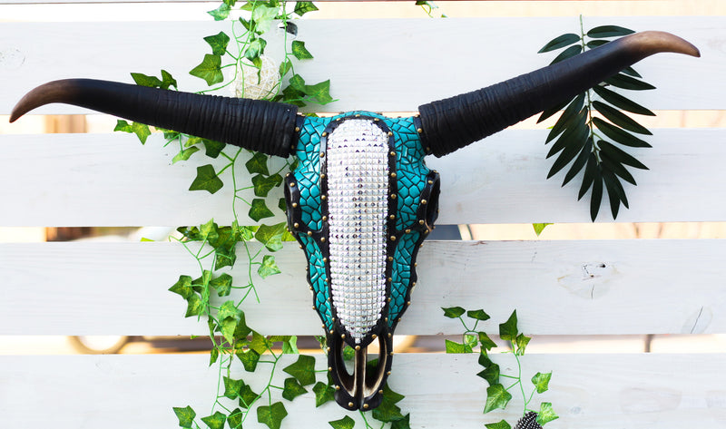 38"L Southwestern Mosaic Turquoise Bling Bison Steer Cow Skull Wall Decor Plaque