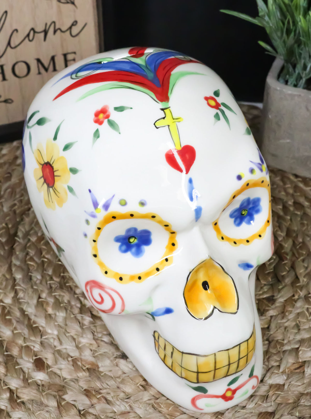 White Day Of The Dead Skull Ceramic Figurine Skeleton 7"L Fantasy Home Decor