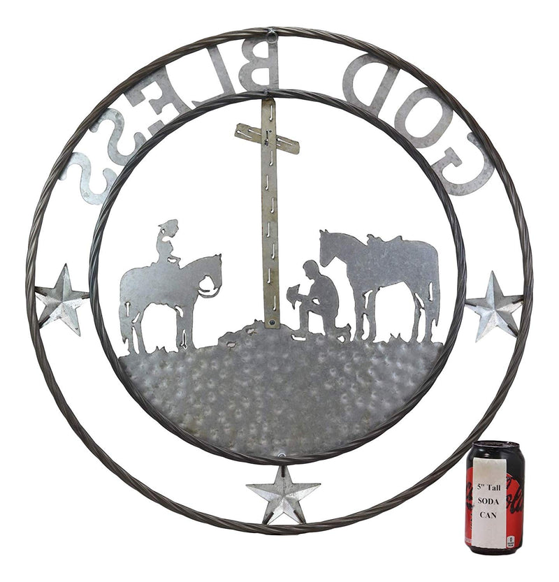 Ebros Gift Oversized 24" Wide Vintage Rustic Round Sign Braided Rope Galvanized Metal Circle Wall Decor (Praying Cowboys God Bless)