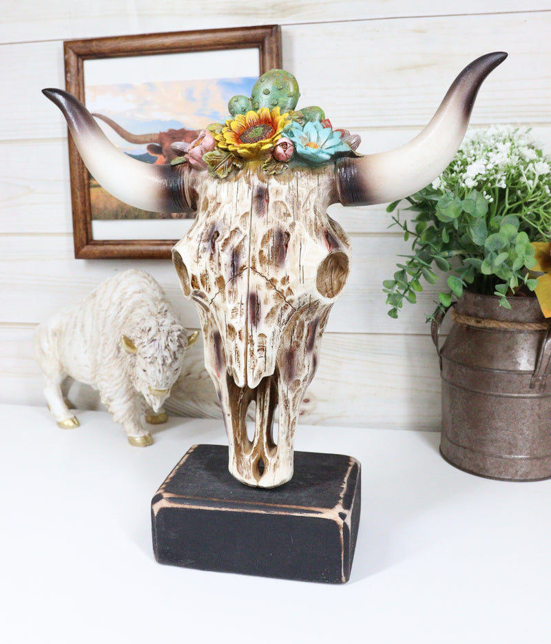 Rustic Western Faux Distressed Wood Bull Cow Skull With Floral Succulents Statue