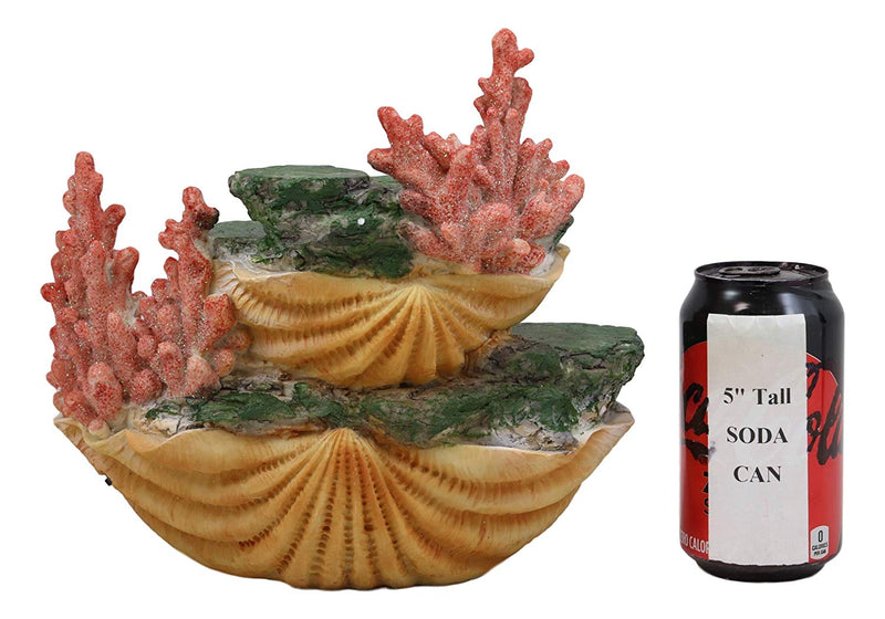 Ebros 10" Wide Colorful Nautical Ocean 2 Tier Golden Giant Clam Shell with Coral Reefs Miniature Mermaids Display Stand Statue with LED Glow Lights Fantasy Mermaid Mergirls Sirens of The Seas - Ebros Gift