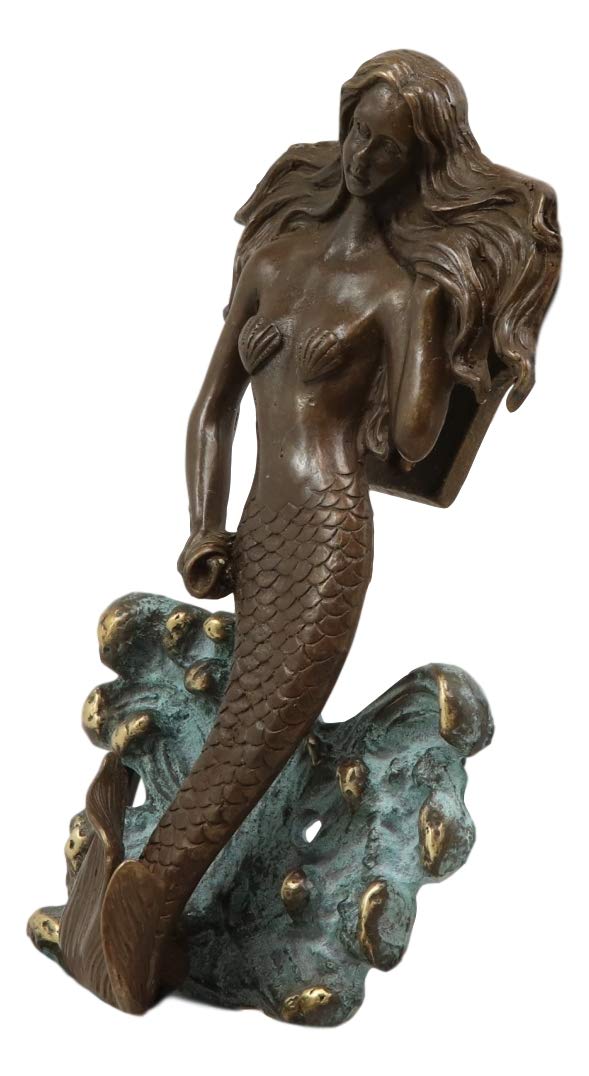 Ebros Solid Brass Metal Hand Painted Bronze Color Nautical Siren Mermaid Surfing Above Sea Waves Door Knocker 6.75" High Decorative Coastal Ocean Goddess Sculpture