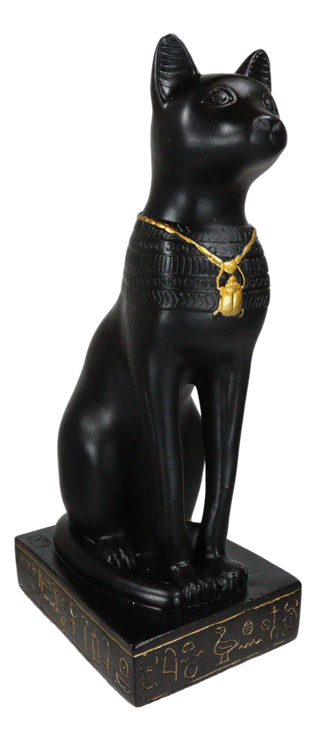 Egyptian Feline Goddess Sitting Cat Bastet With Golden Scarab Necklace Figurine