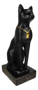 Egyptian Feline Goddess Sitting Cat Bastet With Golden Scarab Necklace Figurine