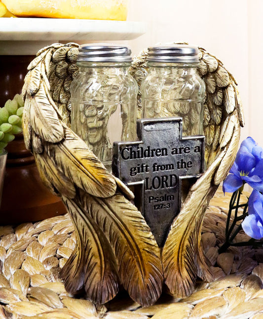 Holy Cross Psalm127 Scripture Heart Angel Wings Salt Pepper Shakers Holder Set