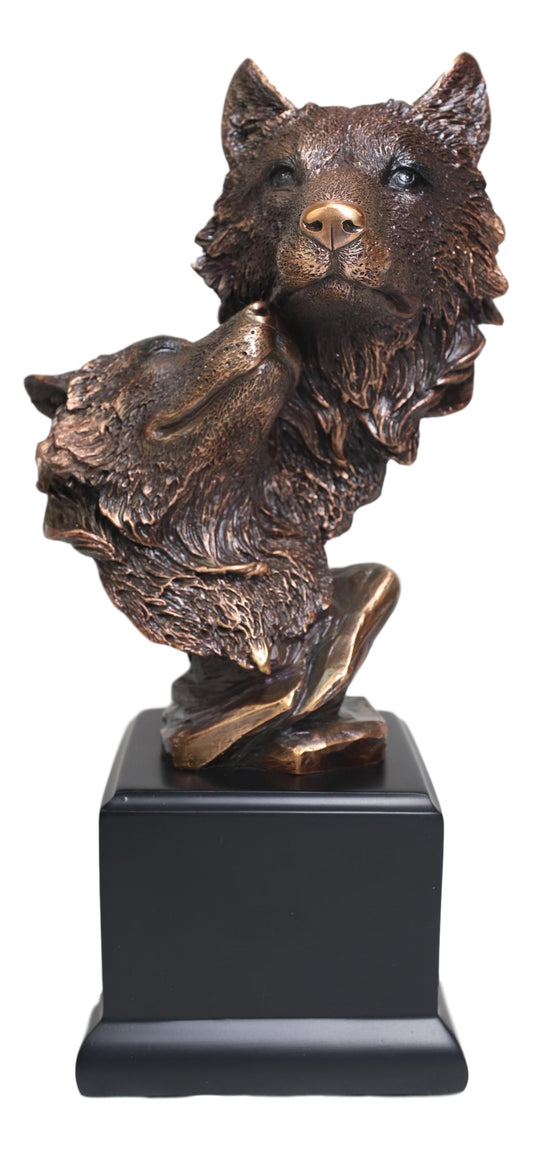 Ebros Forest Moonlight Lovers 2 Wolves Bust Bronze Electroplated Resin Statue - Ebros Gift