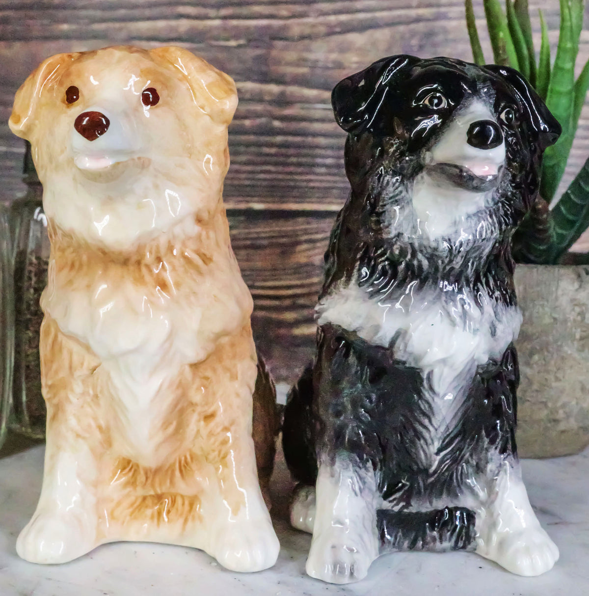 Adorable Brown and Black Border Collie Dog Puppy Ceramic Salt Pepper Shaker Set - Ebros Gift