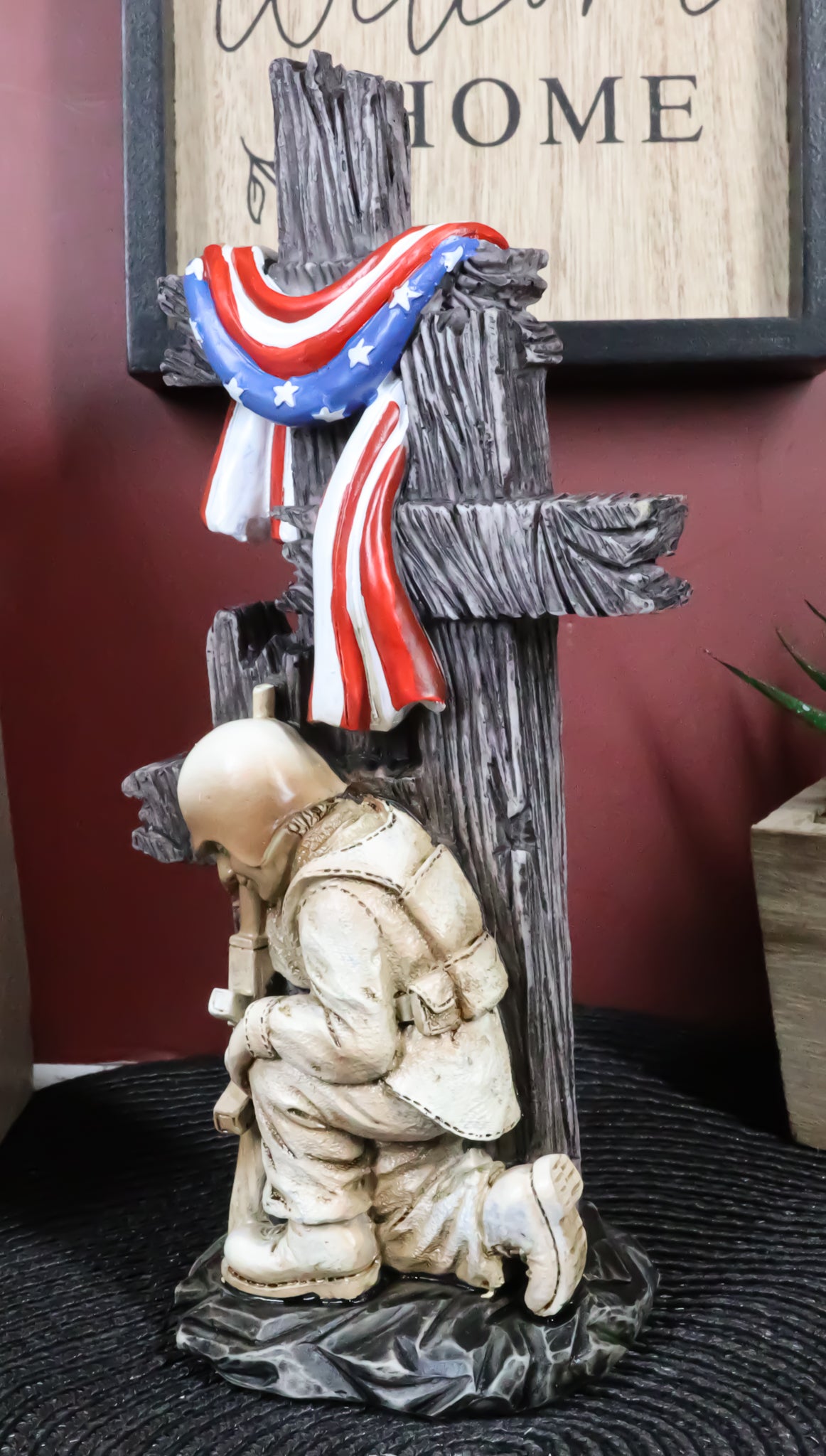 Kneeling Soldier In Prayer By 3 Rugged Crosses American Flag Memorial Figurine - Ebros Gift