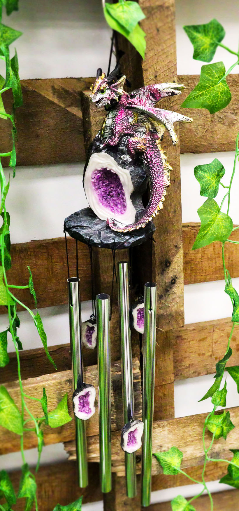 Medieval Purple Dragon Guarding Topaz Crystal Geode Rock Figurine Wind Chime