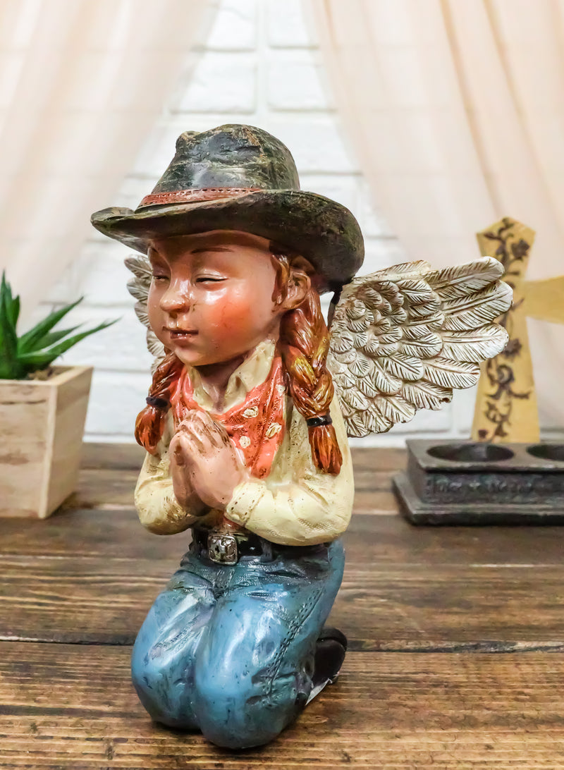 Rustic Western Cowgirl Angel Wearing Hat And Jean Praying On Her Knees Figurine