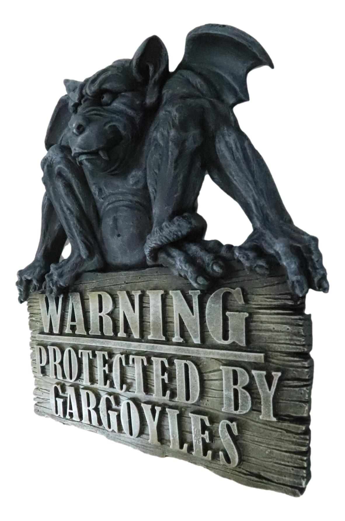 Gothic Winged Gargoyle On Warning Protected By Gargoyles Sign Wall Decor Plaque