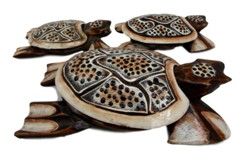 Balinese Wood Handicrafts Polkadot Shell Turtle Family Ashtray Box Figurine Set